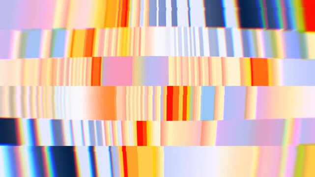 Colorful horizontal bands stretch and jitter across a pastel glitch screen