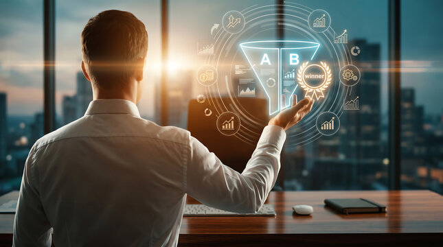 Businessman sitting at a desk in a high-rise office, interacting with a glowing digital a/b testing funnel hologram with charts and a winner badge