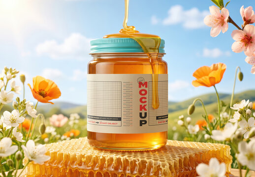 Honey Pouring on Jar Label Branding Mockup
