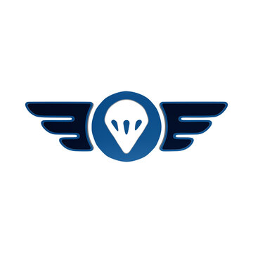 Stylized blue glossy icon of a parachute with wings for aviation and extreme sports concepts with a modern and clean digital style isolated on a transparent background