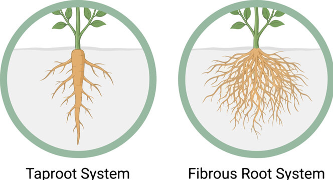 Botanical diagram of taproot system and fibrous root system, plant anatomy vector illustration, educational biology chart for science