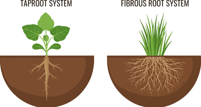 Plant root systems comparison diagram, taproot and fibrous root anatomy illustration, educational botanical vector with green leaves and brown soil