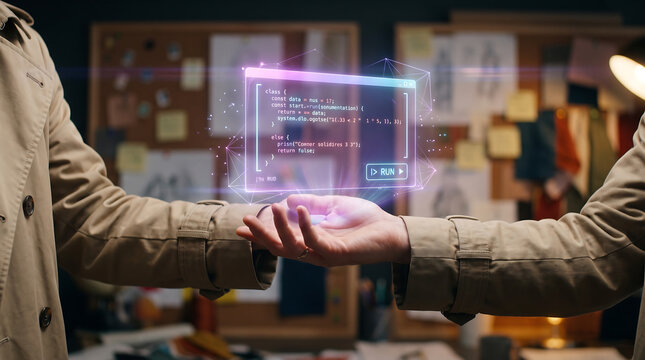 Close-up of two people in beige trench coats holding a glowing, holographic computer code interface between their open palms in a dimly lit office