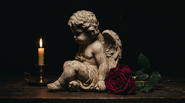 cherub statue and burgundy rose still life with burning candle on dark background