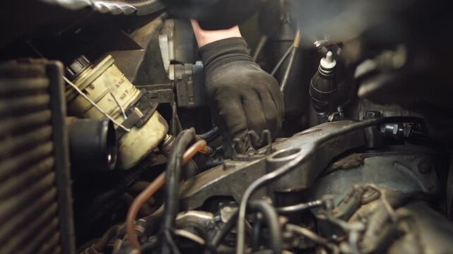 A car mechanic in a glove removes mounting bolts from an engine bracket inside a vehicle compartment during motor maintenance, close-up.