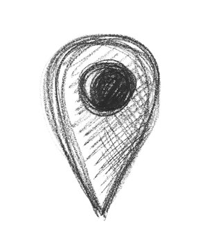 Doodle map pin location icon drawn with black chalk on white background, sketch mark concept