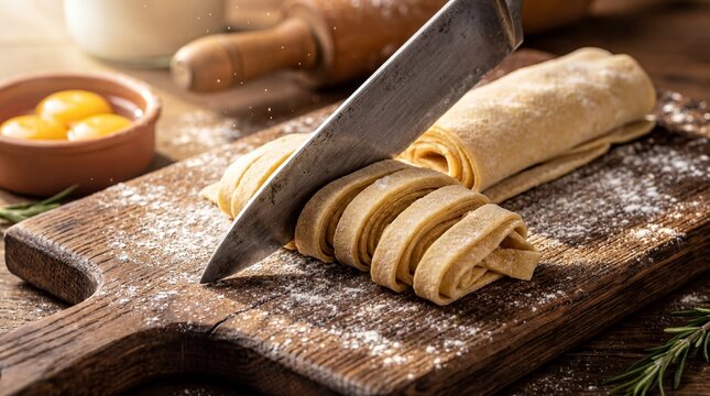 Homemade Pasta Preparation, A sharp knife slices through fresh fettuccine dough on a floured wooden board