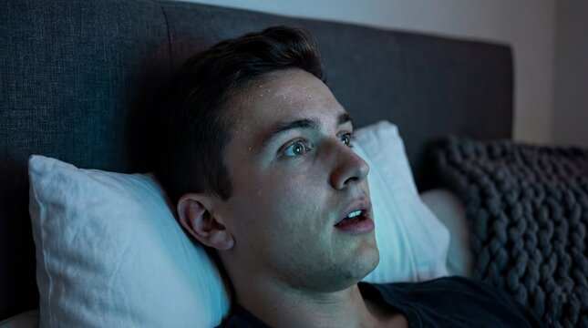Late night sports tension, A devoted fan experiences intense suspense while watching a match in bed