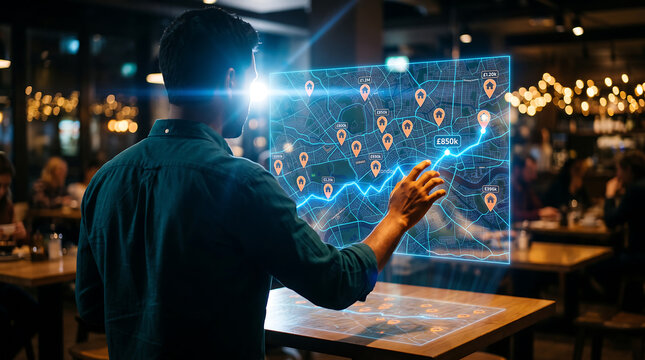 Man in a dark shirt interacting with a glowing blue holographic map interface displaying location pins and data lines in a dimly lit restaurant setting