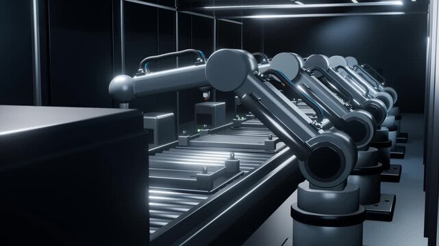 Industrial robot arms automate production lines in modern manufacturing plants, assembling automotive components with precision technology and advanced machinery systems bg able to loop endless 4k