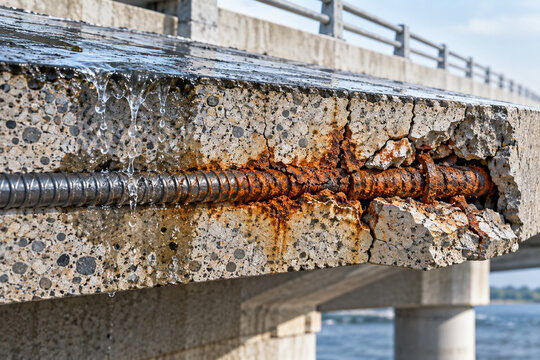 Rebar corrosion causing concrete cracking and spalling cutaway