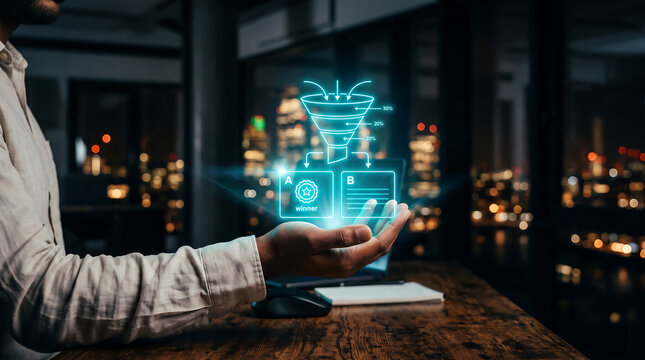 Person holding a glowing blue digital marketing funnel with a/b testing options, displayed over a wooden desk in a dark office with city lights background