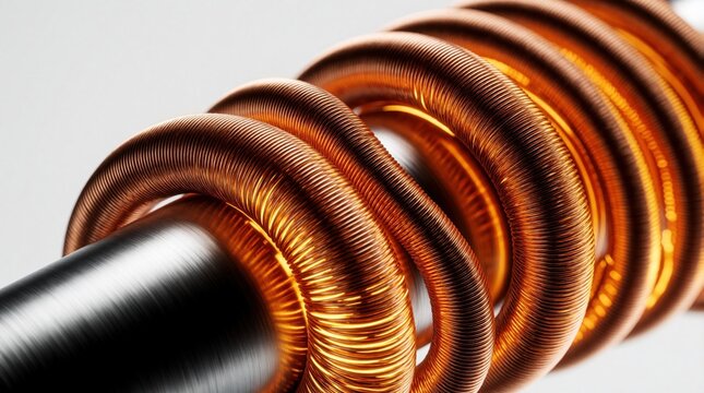 Close up view of copper wire coil wrapped around metal rod. Electromagnet component with glowing orange light effect shows electrical current flowing. Intricate inductor part for high tech electronic