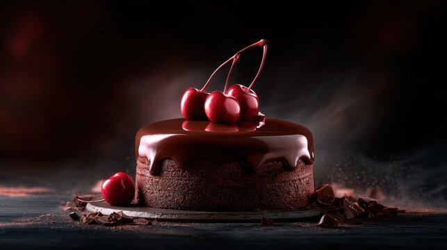 Decadent chocolate cake with rich glossy ganache topping garnished with fresh bright red cherries against a dark moody background with chocolate shavings and cr