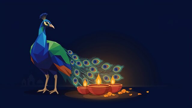 Stunning low poly peacock vector standing beside glowing diyas for Diwali celebration