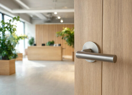 Modern wooden office door with a metallic handle opening to a reception area