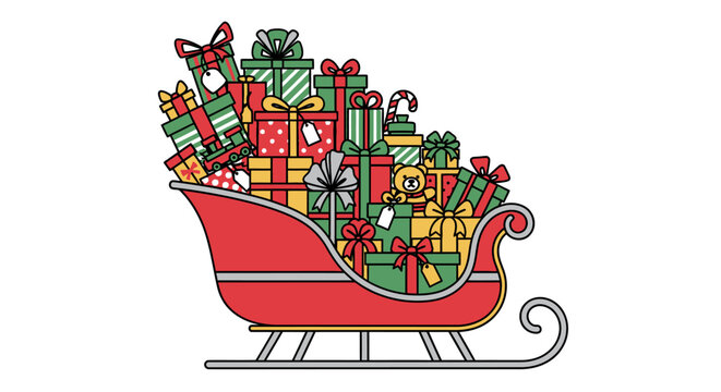 Christmas vector illustration of Santa's red sleigh packed full of colorful wrapped gift boxes and presents isolated.