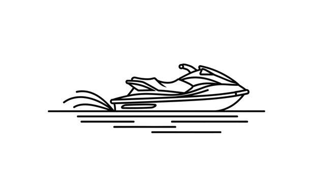 Black and white line art vector illustration of a water scooter or jet ski riding on the water isolated on a white background.
