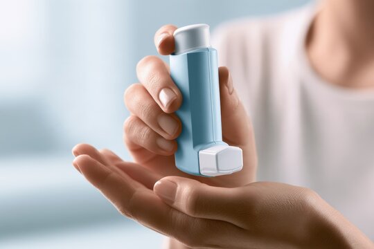 Person holding a blue asthma inhaler demonstrating proper usage technique for respiratory relief and chronic condition management at home
