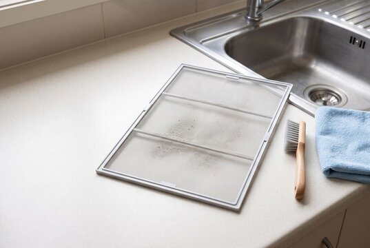 Air conditioner mesh filter prepared for cleaning beside utility sink