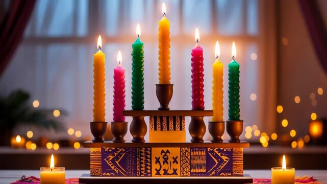 Colorful candles symbol African American cultural holiday Kwanzaa decorated background AI Generative