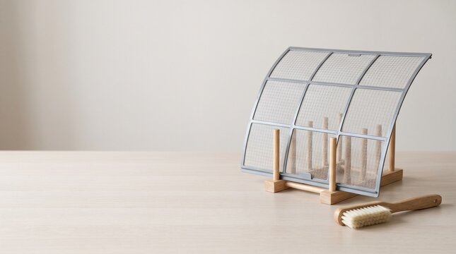 Air conditioner mesh filter on wooden rack with copy space