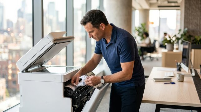 Man clearing photocopier paper jam in modern sunlit office with city view