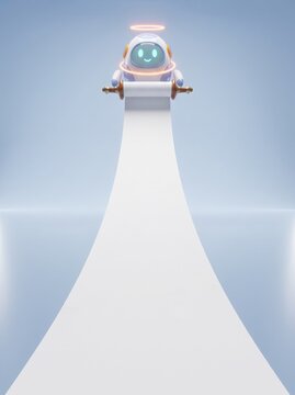 3d ai robot unrolling extremely long blank scroll down toward viewer terms and conditions concept