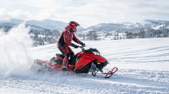 Snowmobile rider kicking up powder in a snowy mountain landscape, action shot with copy space