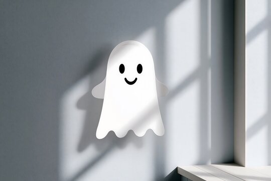 Halloween wall decal of a friendly ghost (simple shape), on light gray wall, soft light, cute and cheerful