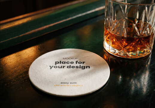 Circular Coaster and Whiskey on Bar Table Branding Mockup