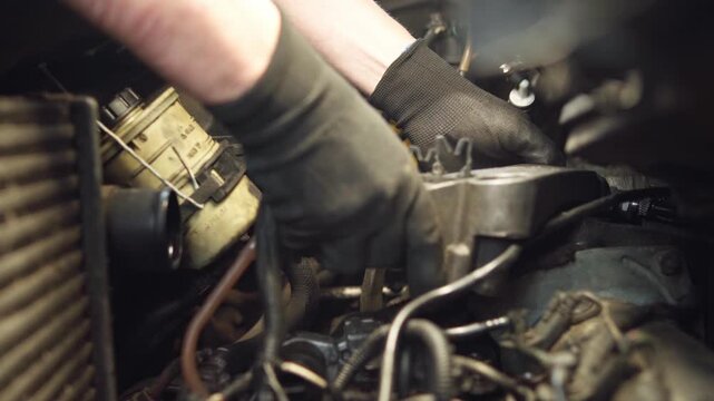 A car mechanic in black gloves removes a metal engine mount bracket from a vehicle compartment during maintenance, close-up.
