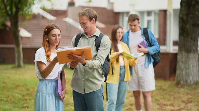 University students discussing homework together on campus