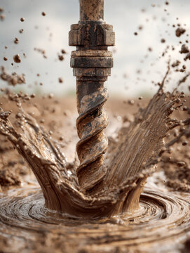Industrial drilling machine bit spinning rapidly and creating dynamic splashes with mud and water mixture during a construction site operation
