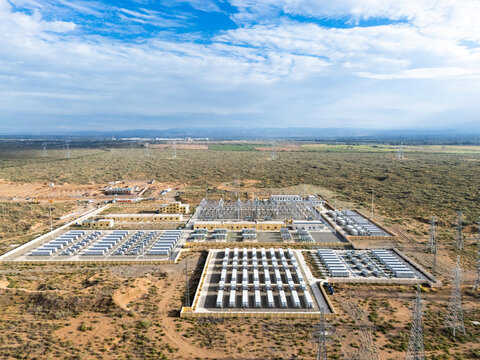 aerial view of large scale energy storage power station in desert