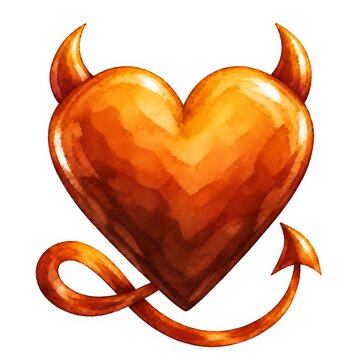 Orange devil heart with horns and tail watercolour romance