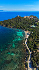 Fototapeta premium Scenic aerial drone landscape over Tramariglio Golf and beach in Sardinia, Italy, Europe