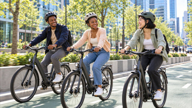 Group of diverse young friends riding electric bicycles on urban bike lane in modern city