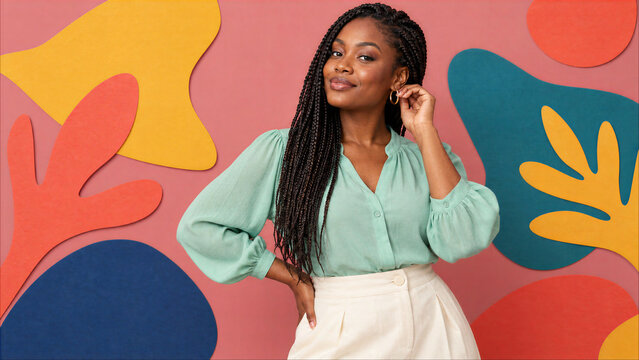 Portrait of confident young Black woman with braided hair touching earring against colorful abstract background