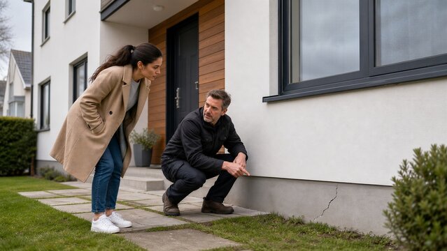 Buyer examines foundation crack before residential property purchase