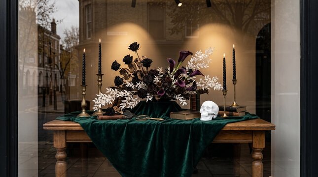 Dark Floral Arrangement with Skull and Candles on Wooden Table