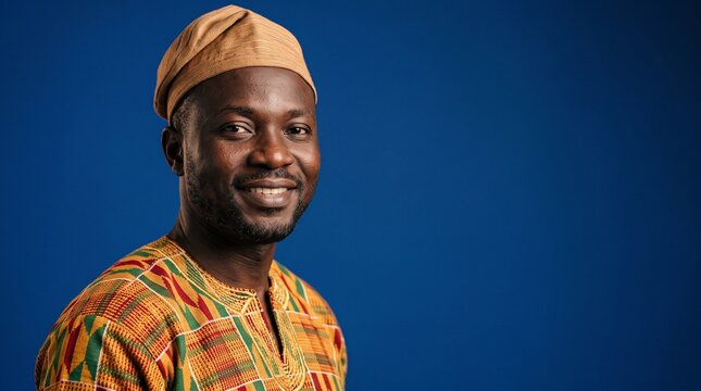Smiling African man in colorful traditional clothing against blue background