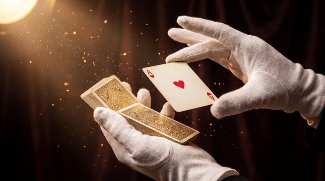 Magic Card Trick, Skilled hands perform a mesmerizing sleight of hand with glowing golden cards