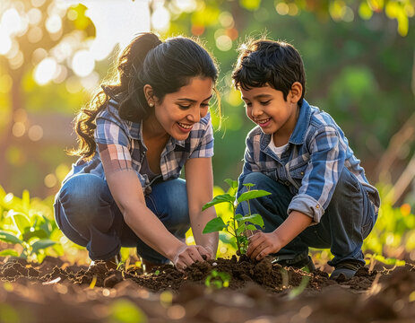 M&egrave;re et fils plantant un jeune arbre dans un jardin ensoleill&eacute;, concept d&rsquo;&eacute;cologie et de d&eacute;veloppement durable