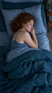 Overhead view of young woman with red hair sleeping peacefully in bed under blue linen sheets