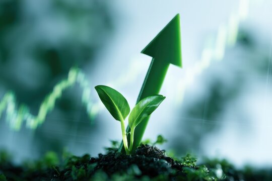 Young green plant growing in soil with upward arrow symbolizing growth and rising trend in finance or sustainable development concept