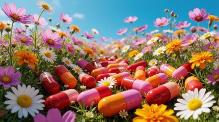 Fototapeta premium Colorful pills, capsules lie scattered across bright flower meadow. Summer field with daisies, cosmos, wildflowers under sunny blue sky. Concept of medicine in nature, pharmaceutical pollution,