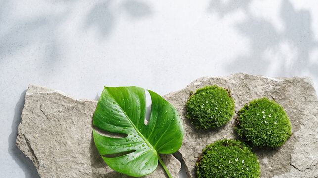 Lush green botanical backdrop with moss and natural stone