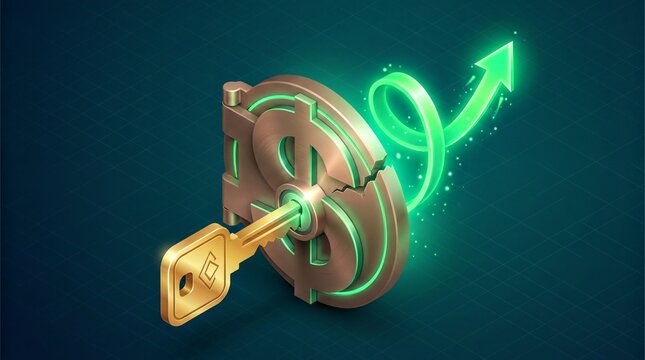 Financial Vault Unlock, A golden key opens a giant dollar vault as a green arrow spirals upward