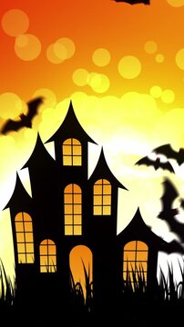 Halloween Castle with bats and Orange and yellow Sky